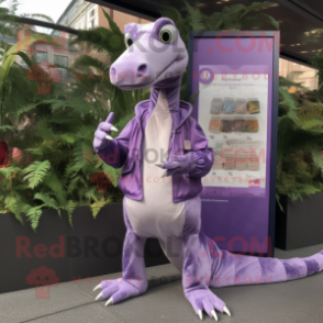 Lavender Coelophysis mascot costume character dressed with a Windbreaker and Coin purses