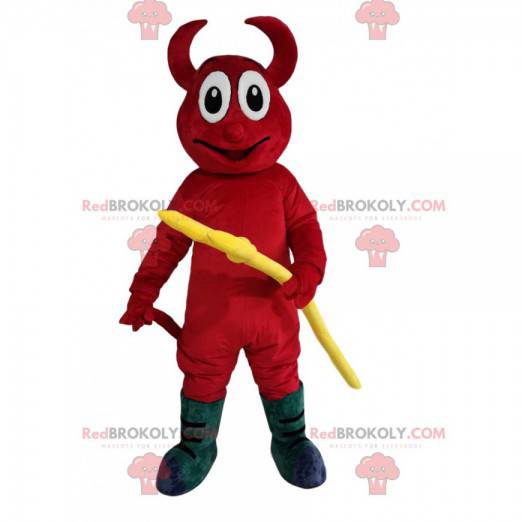 Mascote do diabo vermelho sorrindo com um tridente amarelo -