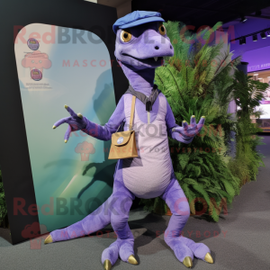 Lavender Coelophysis mascot costume character dressed with a Windbreaker and Coin purses