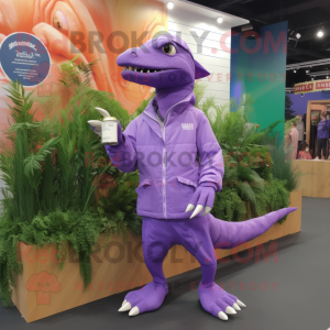 Lavender Coelophysis mascot costume character dressed with a Windbreaker and Coin purses