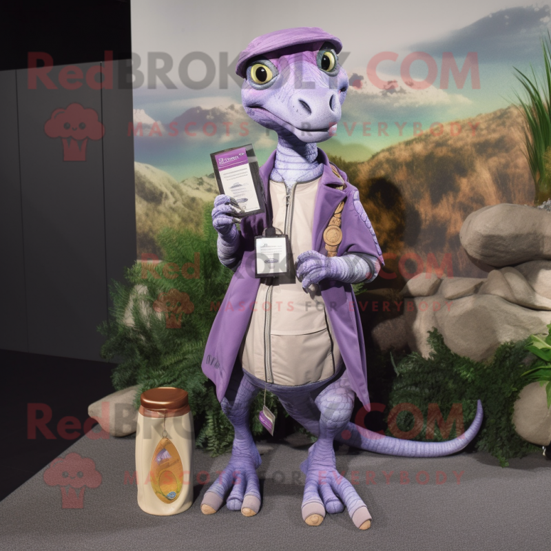 Lavender Coelophysis mascot costume character dressed with a Windbreaker and Coin purses