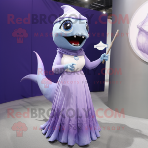 Lavender Swordfish mascot costume character dressed with a Maxi Skirt and Rings