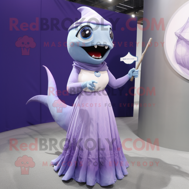 Lavender Swordfish mascot costume character dressed with a Maxi Skirt and Rings Lavender Swordfish mascot costume character dressed with a Maxi Skirt and Rings
