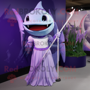 Lavender Swordfish mascot costume character dressed with a Maxi Skirt and Rings