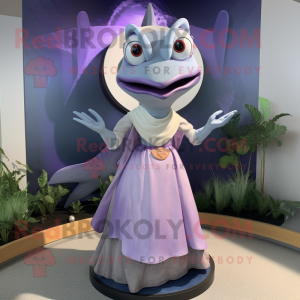 Lavender Swordfish mascot costume character dressed with a Maxi Skirt and Rings