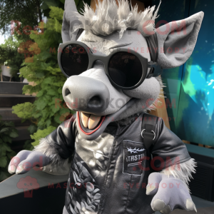 Silver Wild Boar mascot costume character dressed with a T-Shirt and Sunglasses