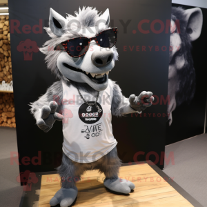 Silver Wild Boar mascot costume character dressed with a T-Shirt and Sunglasses