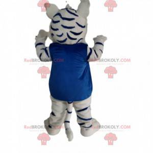 Mascot white and black tiger with a blue velvet vest -