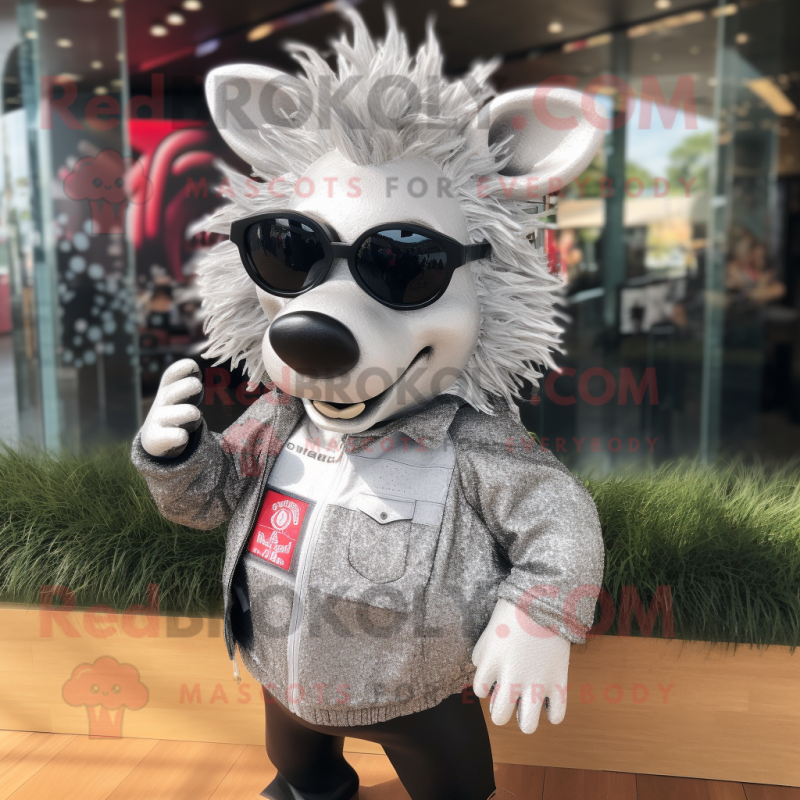 Silver Wild Boar mascot costume character dressed with a T-Shirt and Sunglasses Silver Wild Boar mascot costume character dressed with a T-Shirt and Sunglasses