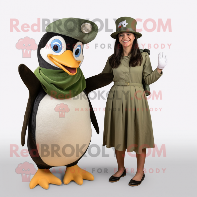 Olive Penguin mascot costume character dressed with a Dress and Berets