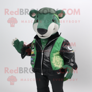 Forest Green Tapir mascot costume character dressed with a Moto Jacket and Clutch bags
