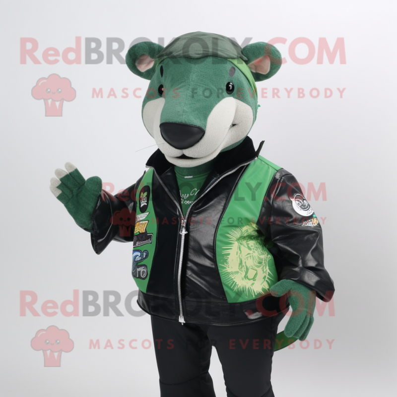 Forest Green Tapir mascot costume character dressed with a Moto Jacket and Clutch bags Forest Green Tapir mascot costume character dressed with a Moto Jacket and Clutch bags
