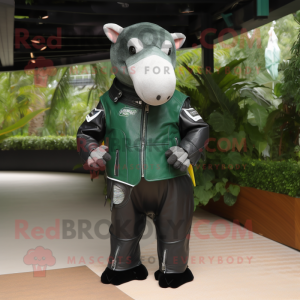 Forest Green Tapir mascot costume character dressed with a Moto Jacket and Clutch bags