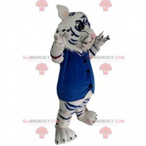 Maskottchen weißer und schwarzer Tiger mit einer blauen