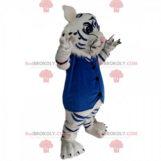 Mascot hvid og sort tiger med en blå fløjlvest - Redbrokoly.com