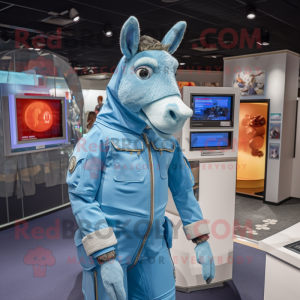 Sky Blue Donkey mascot costume character dressed with a Turtleneck and Lapel pins