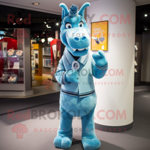 Sky Blue Donkey mascot costume character dressed with a Turtleneck and Lapel pins