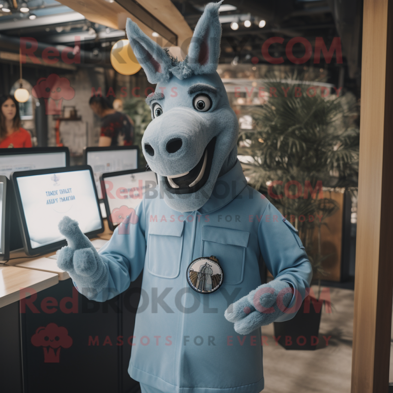 Sky Blue Donkey mascot costume character dressed with a Turtleneck and Lapel pins