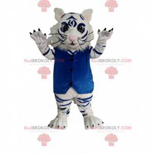 Mascot white and black tiger with a blue velvet vest -