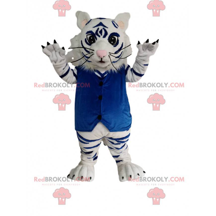 Witte en zwarte tijger mascotte met een blauw fluwelen vest -