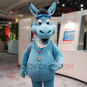 Sky Blue Donkey mascot costume character dressed with a Turtleneck and Lapel pins