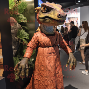 Rust Komodo Dragon mascot costume character dressed with a Mini Dress and Ties