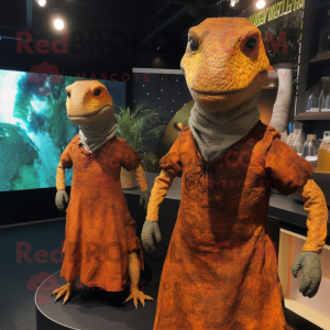 Rust Komodo Dragon mascot costume character dressed with a Mini Dress and Ties