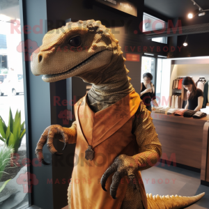 Rust Komodo Dragon mascot costume character dressed with a Mini Dress and Ties