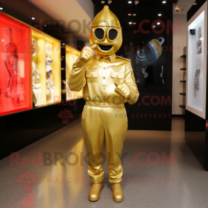 Gold Army Soldier mascot costume character dressed with a Capri Pants and Earrings