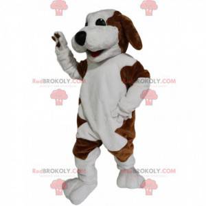 Mascote cachorro marrom e branco com um lindo sorriso -