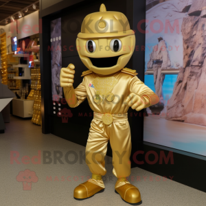 Gold Army Soldier mascot costume character dressed with a Capri Pants and Earrings
