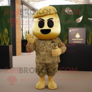 Gold Army Soldier mascot costume character dressed with a Capri Pants and Earrings