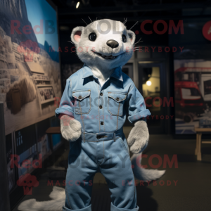 Silver Ferret mascot costume character dressed with a Denim Shirt and Foot pads