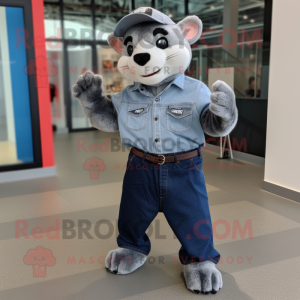 Silver Ferret mascot costume character dressed with a Denim Shirt and Foot pads