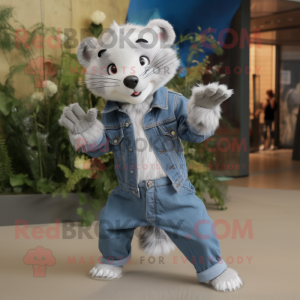 Silver Ferret mascot costume character dressed with a Denim Shirt and Foot pads