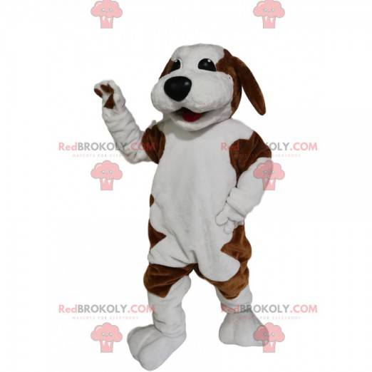 Mascote cachorro marrom e branco com um lindo sorriso -