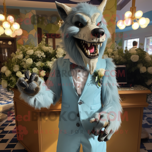 Cyan Werewolf mascot costume character dressed with a Wedding Dress and Tie pins