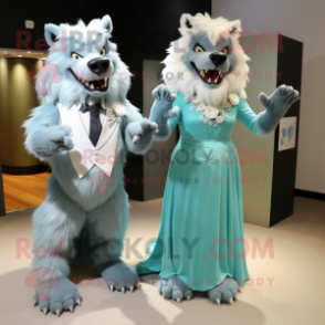 Cyan Werewolf mascot costume character dressed with a Wedding Dress and Tie pins