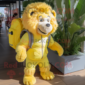 Lemon Yellow Tamer Lion mascot costume character dressed with a Maxi Dress and Backpacks