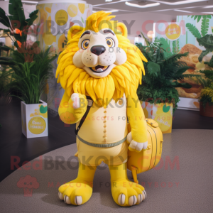 Lemon Yellow Tamer Lion mascot costume character dressed with a Maxi Dress and Backpacks