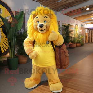 Lemon Yellow Tamer Lion mascot costume character dressed with a Maxi Dress and Backpacks