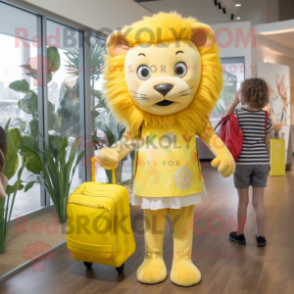 Lemon Yellow Tamer Lion mascot costume character dressed with a Maxi Dress and Backpacks