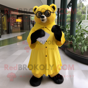 Lemon Yellow Spectacled Bear mascot costume character dressed with a Circle Skirt and Reading glasses