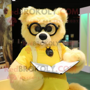 Lemon Yellow Spectacled Bear mascot costume character dressed with a Circle Skirt and Reading glasses