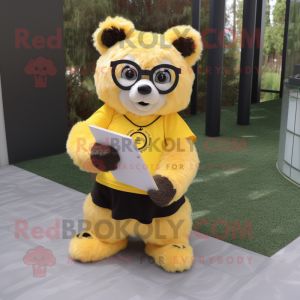 Lemon Yellow Spectacled Bear mascot costume character dressed with a Circle Skirt and Reading glasses