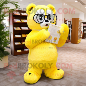 Lemon Yellow Spectacled Bear mascot costume character dressed with a Circle Skirt and Reading glasses