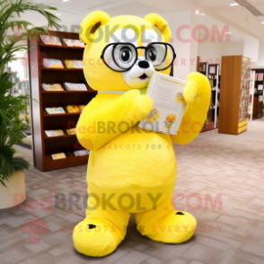 Lemon Yellow Spectacled Bear mascot costume character dressed with a Circle Skirt and Reading glasses