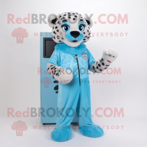 Sky Blue Cheetah mascot costume character dressed with a Cardigan and Cummerbunds