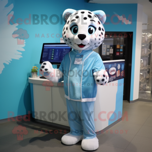 Sky Blue Cheetah mascot costume character dressed with a Cardigan and Cummerbunds