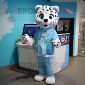 Sky Blue Cheetah mascot costume character dressed with a Cardigan and Cummerbunds